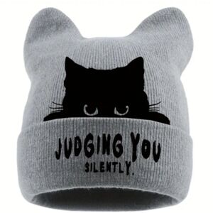 Gray Cat Ear Beanie with Black Cat Design